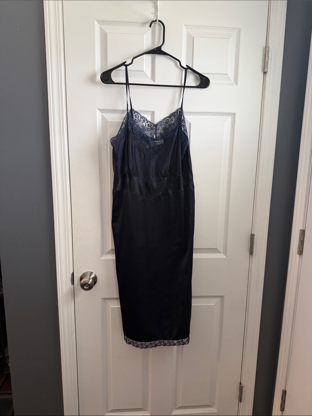 Elegant Navy Lace-Trim Slip Dress